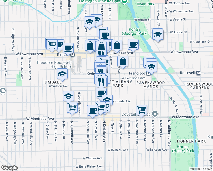 map of restaurants, bars, coffee shops, grocery stores, and more near 4625 North Kedzie Avenue in Chicago