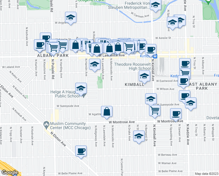 map of restaurants, bars, coffee shops, grocery stores, and more near 4624 North Monticello Avenue in Chicago