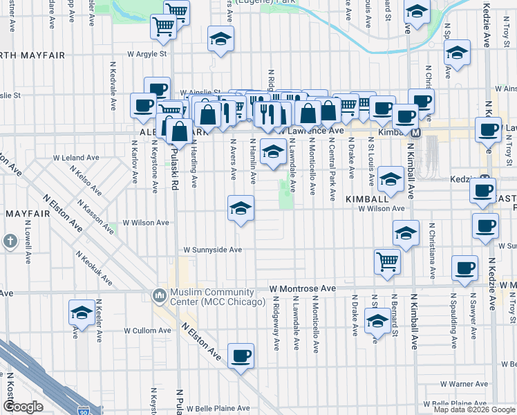 map of restaurants, bars, coffee shops, grocery stores, and more near 3757 West Eastwood Avenue in Chicago