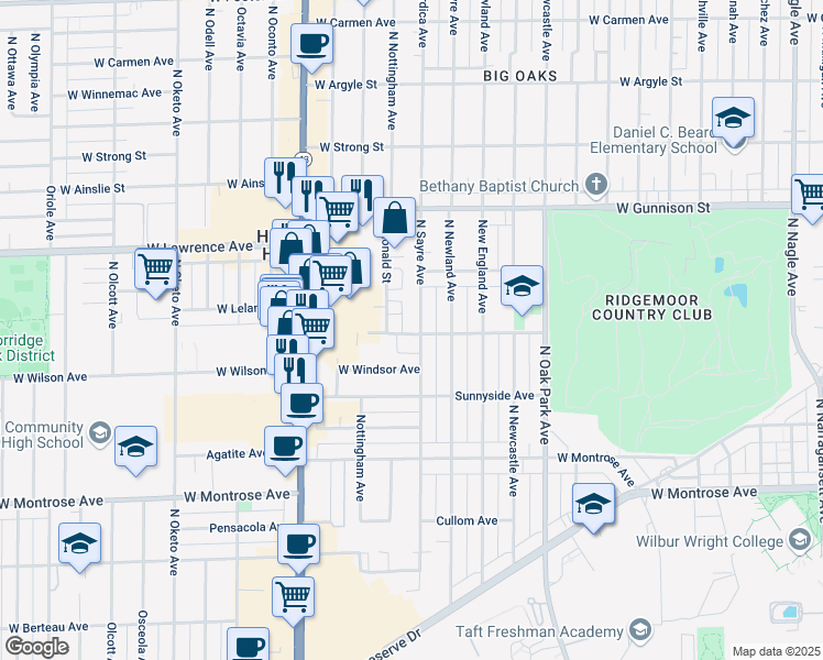 map of restaurants, bars, coffee shops, grocery stores, and more near 4631 North Sayre Avenue in Harwood Heights