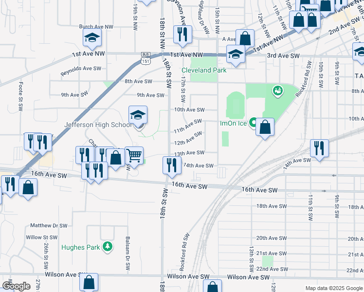 map of restaurants, bars, coffee shops, grocery stores, and more near 1709 11th Avenue Southwest in Cedar Rapids