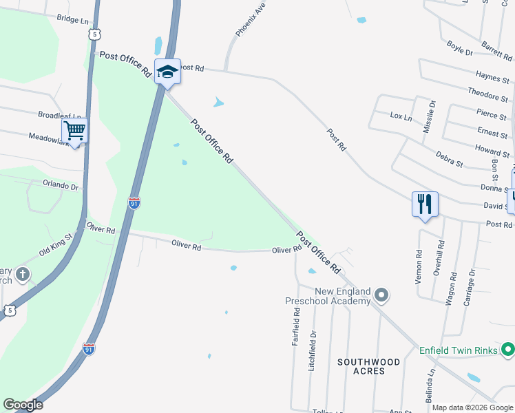 map of restaurants, bars, coffee shops, grocery stores, and more near 92 Post Office Road in Enfield