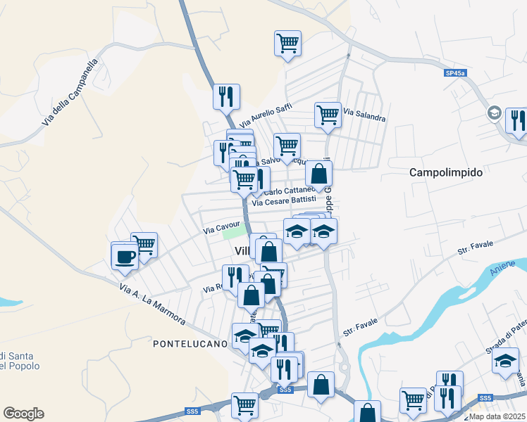 map of restaurants, bars, coffee shops, grocery stores, and more near 32 Via Carlo Cattaneo in Villanova