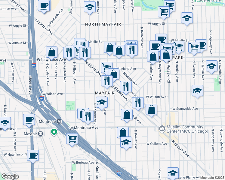 map of restaurants, bars, coffee shops, grocery stores, and more near 4606 North Kildare Avenue in Chicago