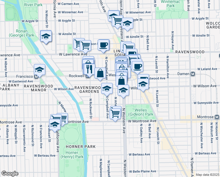 map of restaurants, bars, coffee shops, grocery stores, and more near 2448 West Wilson Avenue in Chicago