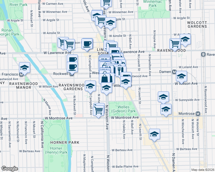 map of restaurants, bars, coffee shops, grocery stores, and more near 2398 West Wilson Avenue in Chicago