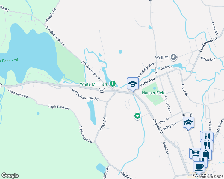 map of restaurants, bars, coffee shops, grocery stores, and more near East Wallum Lake Road in Burrillville