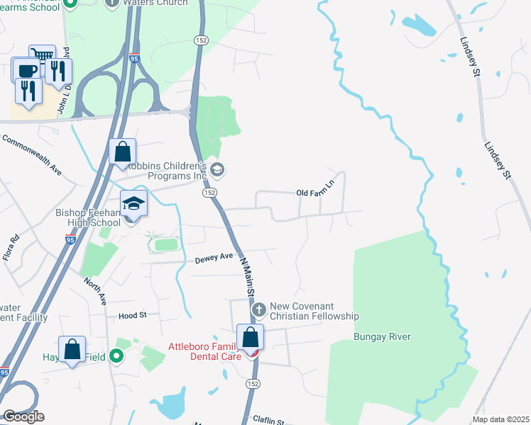 map of restaurants, bars, coffee shops, grocery stores, and more near 21 Old Farm Lane in Attleboro