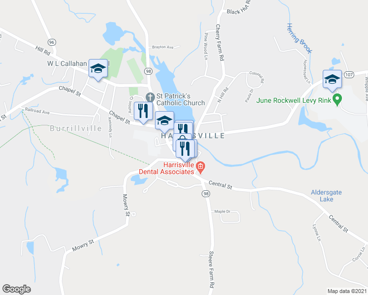 map of restaurants, bars, coffee shops, grocery stores, and more near 35 East Avenue in Burrillville