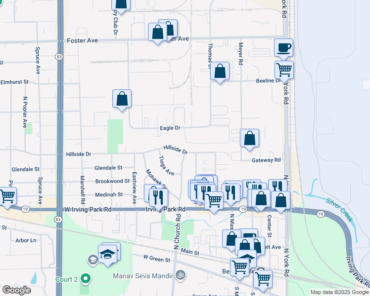 map of restaurants, bars, coffee shops, grocery stores, and more near 609 Hillside Drive in Bensenville
