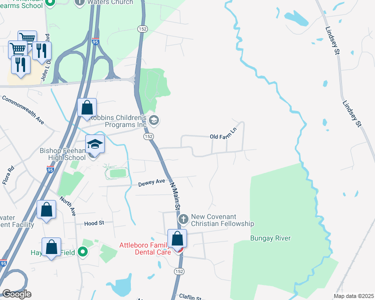 map of restaurants, bars, coffee shops, grocery stores, and more near 21 Old Farm Lane in Attleboro