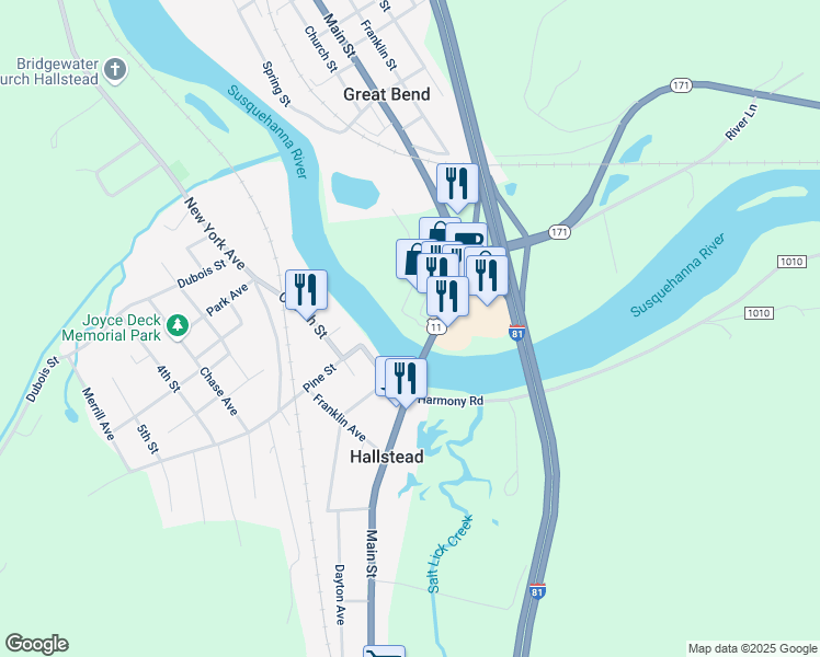 map of restaurants, bars, coffee shops, grocery stores, and more near 364 U.S. 11 in Hallstead