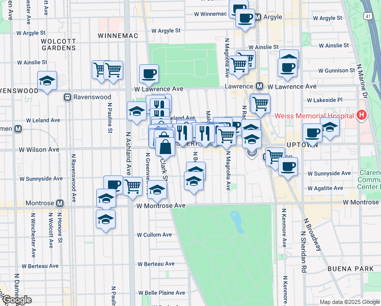 map of restaurants, bars, coffee shops, grocery stores, and more near 1352 West Wilson Avenue in Chicago