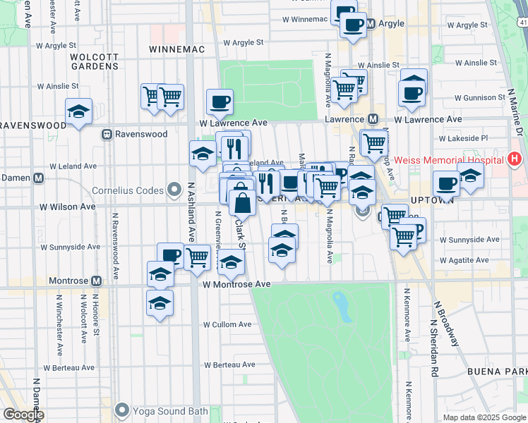 map of restaurants, bars, coffee shops, grocery stores, and more near 1352 West Wilson Avenue in Chicago