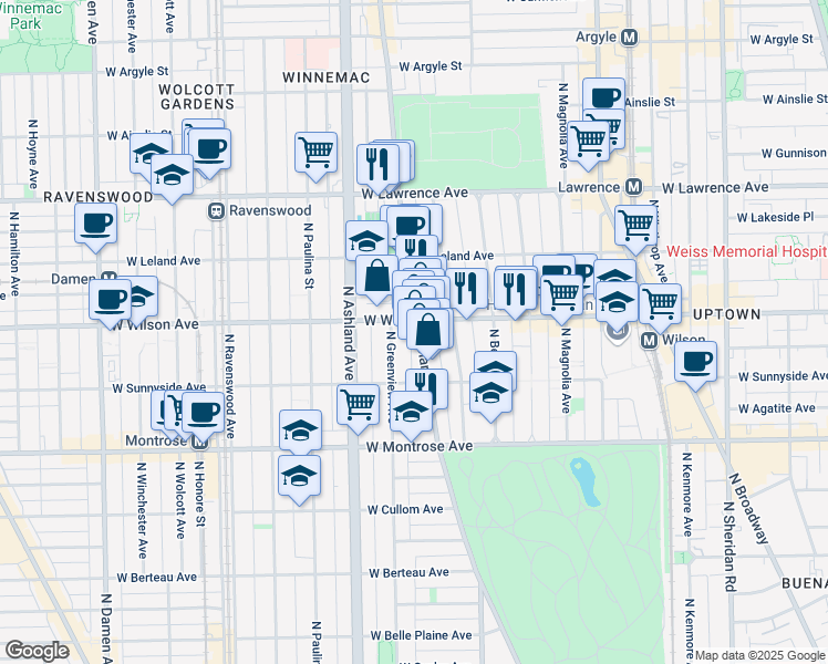 map of restaurants, bars, coffee shops, grocery stores, and more near 1456 West Wilson Avenue in Chicago