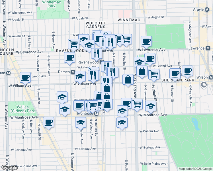 map of restaurants, bars, coffee shops, grocery stores, and more near 4611 North Ravenswood Avenue in Chicago