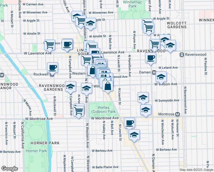 map of restaurants, bars, coffee shops, grocery stores, and more near 2237 West Eastwood Avenue in Chicago