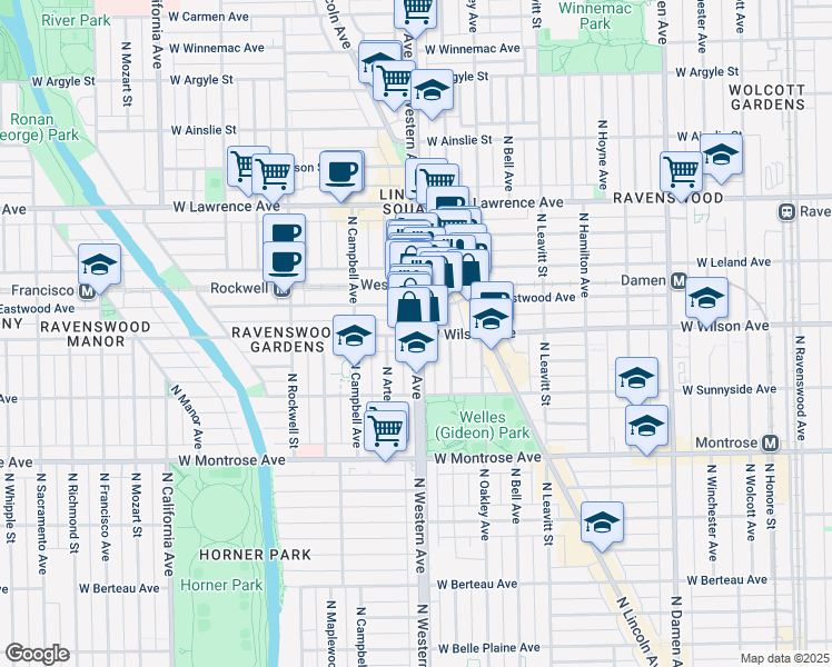 map of restaurants, bars, coffee shops, grocery stores, and more near 4619 North Western Avenue in Chicago