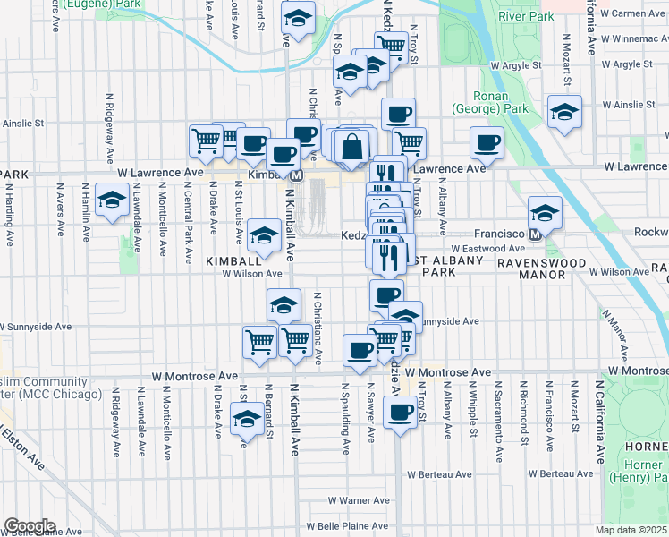 map of restaurants, bars, coffee shops, grocery stores, and more near 3305 West Eastwood Avenue in Chicago