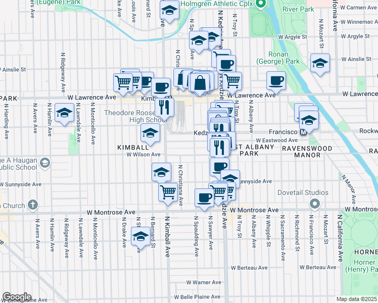 map of restaurants, bars, coffee shops, grocery stores, and more near 3305 West Eastwood Avenue in Chicago