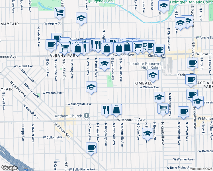 map of restaurants, bars, coffee shops, grocery stores, and more near 4656 North Lawndale Avenue in Chicago