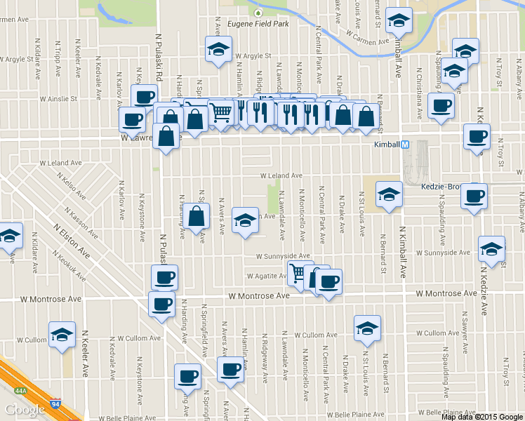 map of restaurants, bars, coffee shops, grocery stores, and more near 4656 North Lawndale Avenue in Chicago