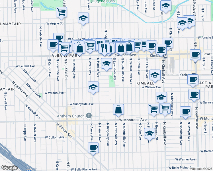 map of restaurants, bars, coffee shops, grocery stores, and more near 4656 North Lawndale Avenue in Chicago