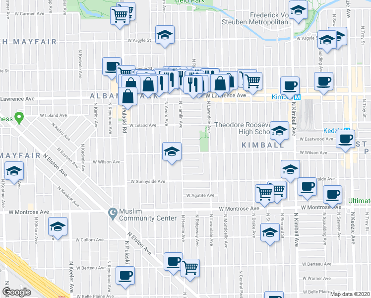 map of restaurants, bars, coffee shops, grocery stores, and more near 3757 West Eastwood Avenue in Chicago
