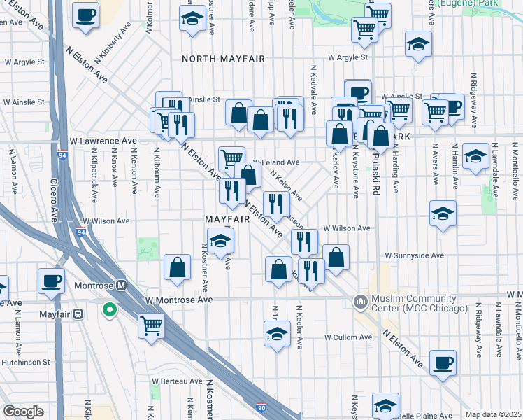map of restaurants, bars, coffee shops, grocery stores, and more near 4664 North Kasson Avenue in Chicago