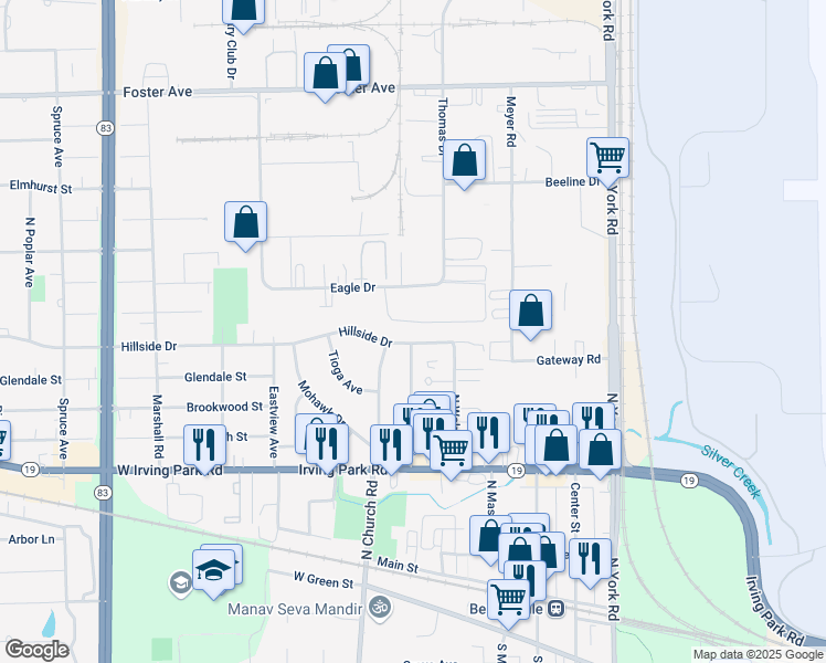 map of restaurants, bars, coffee shops, grocery stores, and more near 609 Hillside Drive in Bensenville