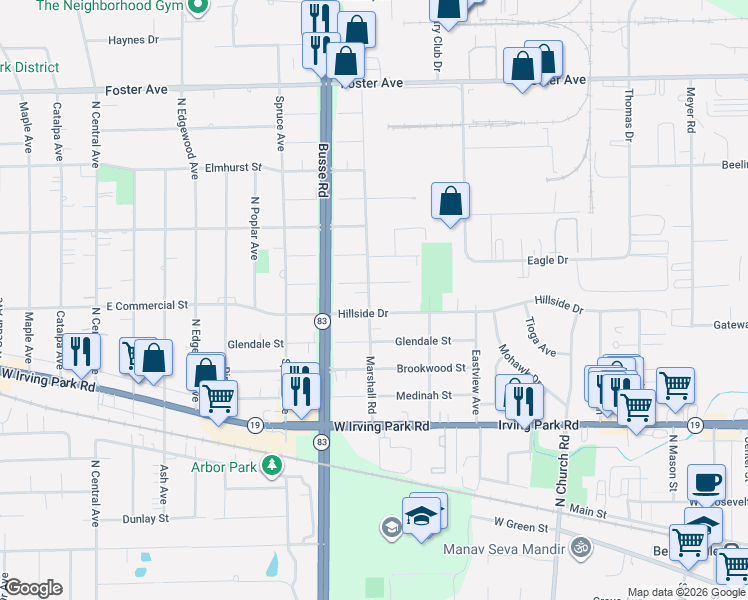 map of restaurants, bars, coffee shops, grocery stores, and more near 1031 Twin Oak Street in Bensenville