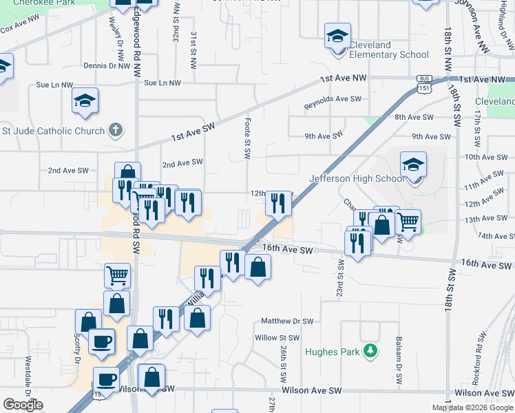 map of restaurants, bars, coffee shops, grocery stores, and more near 2725 12th Avenue Southwest in Cedar Rapids
