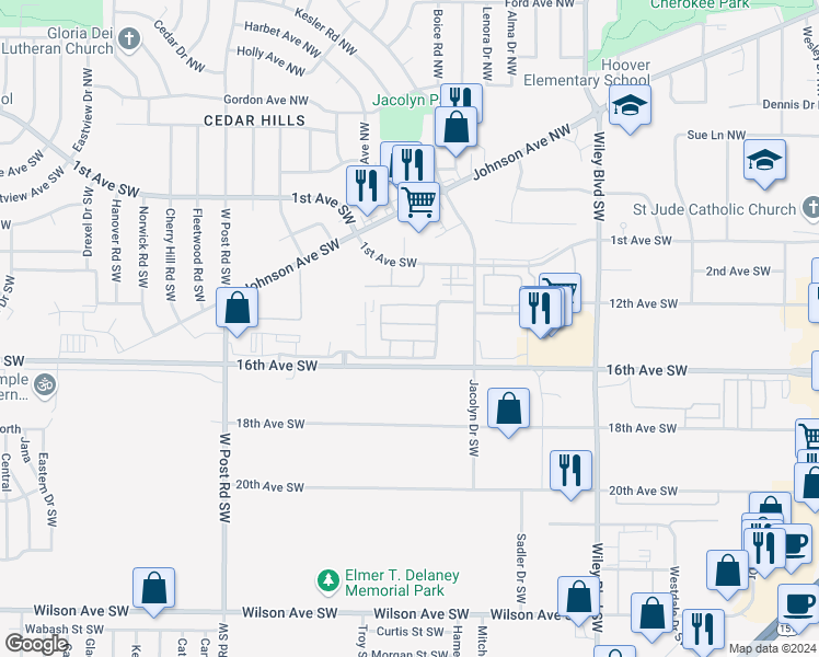 map of restaurants, bars, coffee shops, grocery stores, and more near 210 Jacolyn Drive Southwest in Cedar Rapids