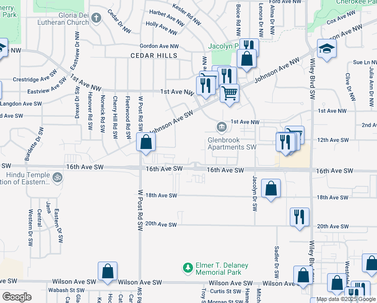 map of restaurants, bars, coffee shops, grocery stores, and more near 5140 16th Avenue Southwest in Cedar Rapids