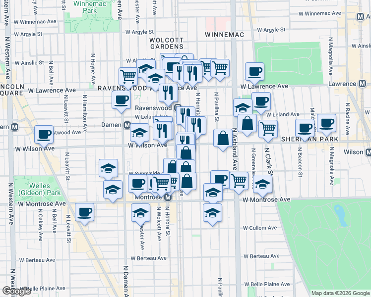 map of restaurants, bars, coffee shops, grocery stores, and more near 4611 North Ravenswood Avenue in Chicago