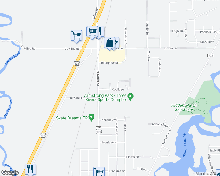 map of restaurants, bars, coffee shops, grocery stores, and more near 1698 Garfield in Three Rivers