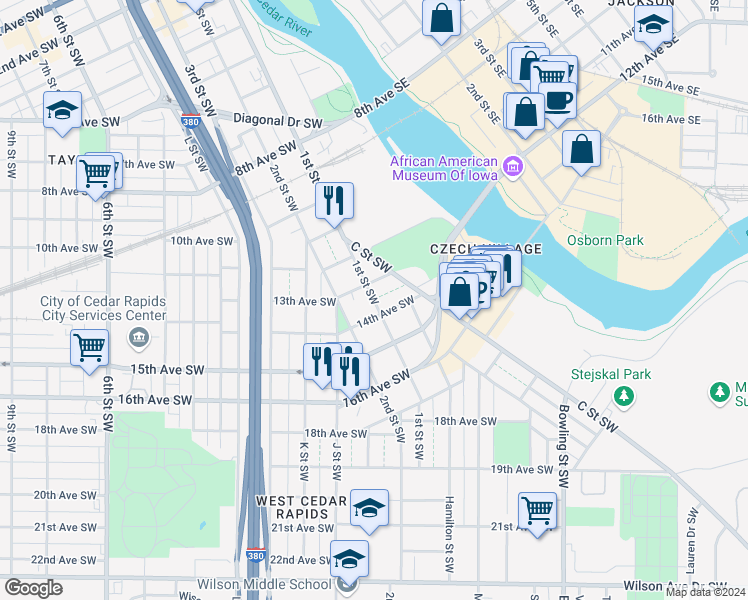 map of restaurants, bars, coffee shops, grocery stores, and more near 1317 1st Street Southwest in Cedar Rapids