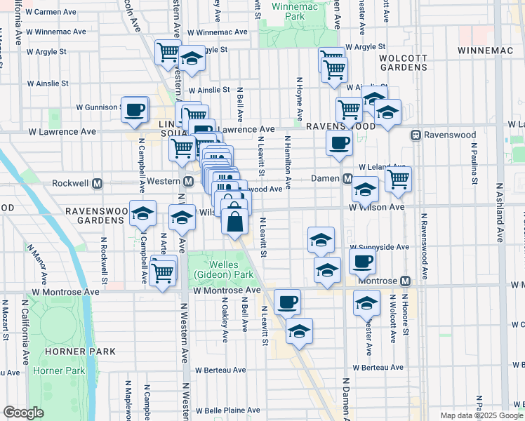 map of restaurants, bars, coffee shops, grocery stores, and more near West Wilson Avenue & North Leavitt Street in Chicago