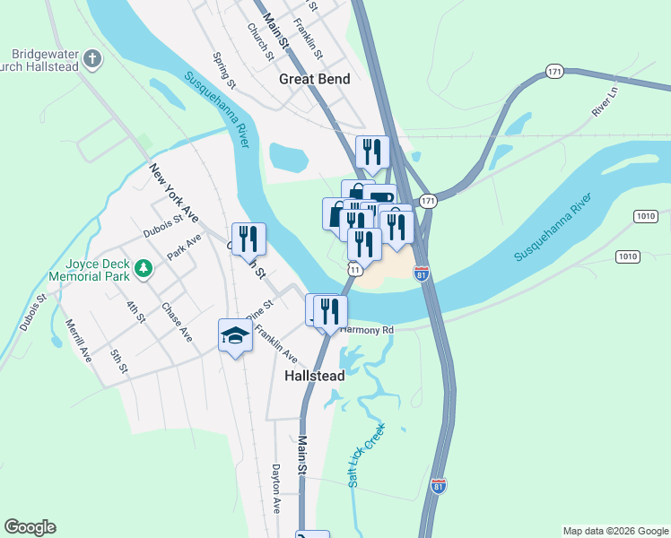 map of restaurants, bars, coffee shops, grocery stores, and more near 364 U.S. 11 in Hallstead