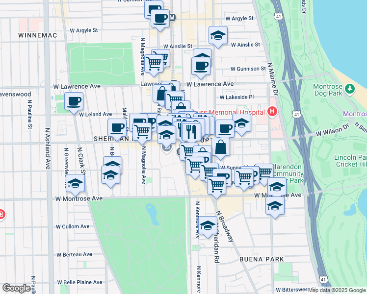 map of restaurants, bars, coffee shops, grocery stores, and more near 1054 West Wilson Avenue in Chicago