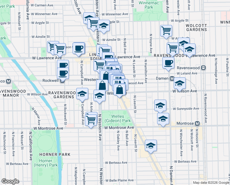 map of restaurants, bars, coffee shops, grocery stores, and more near 4628 North Lincoln Avenue in Chicago