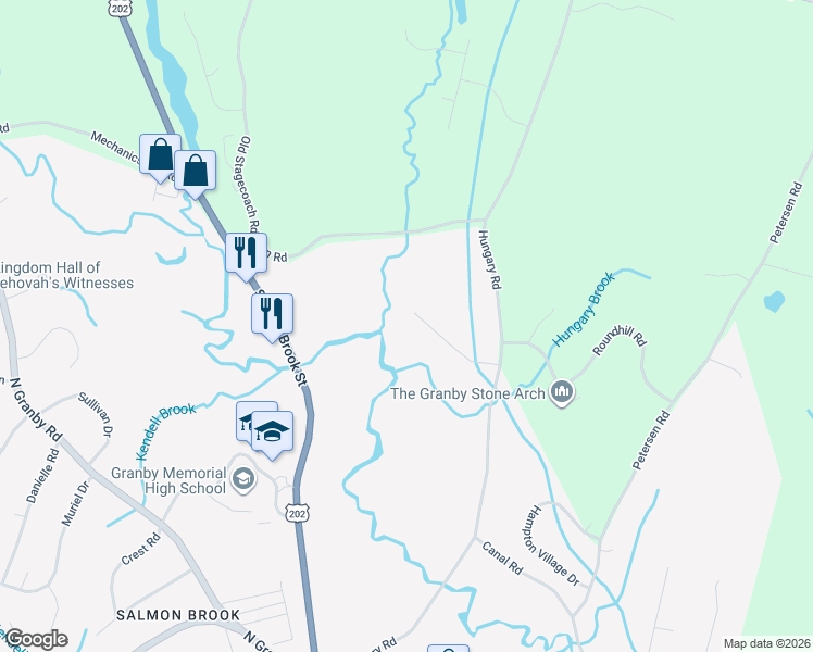 map of restaurants, bars, coffee shops, grocery stores, and more near 9 Partridge Meadow Road in Granby