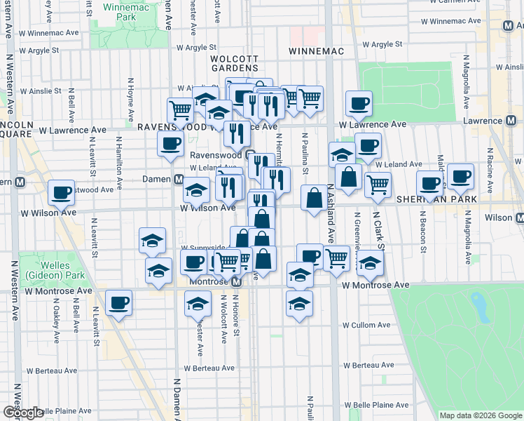 map of restaurants, bars, coffee shops, grocery stores, and more near 4557 North Ravenswood Avenue in Chicago