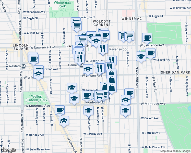map of restaurants, bars, coffee shops, grocery stores, and more near 4610 North Wolcott Avenue in Chicago