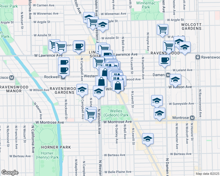 map of restaurants, bars, coffee shops, grocery stores, and more near 4628 North Lincoln Avenue in Chicago
