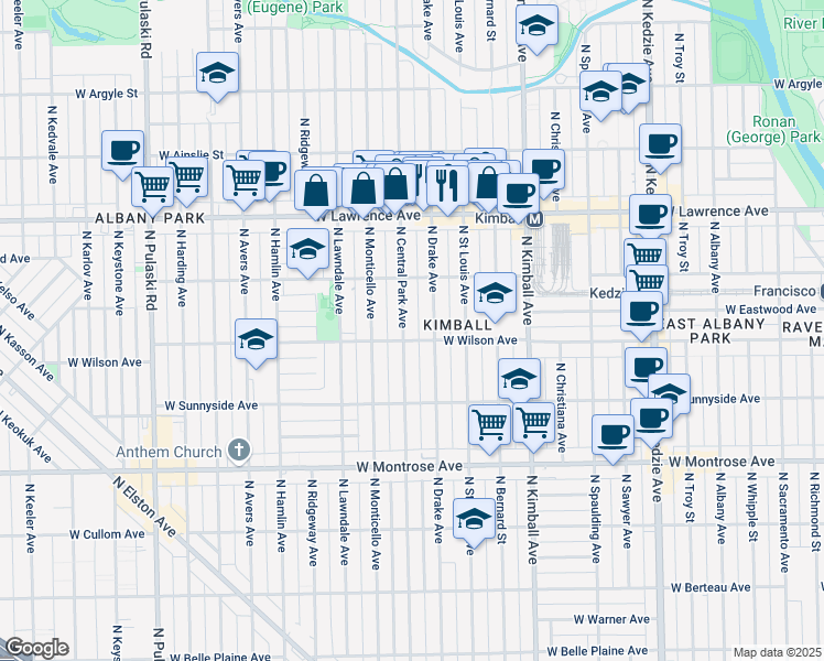 map of restaurants, bars, coffee shops, grocery stores, and more near 4624 North Central Park Avenue in Chicago