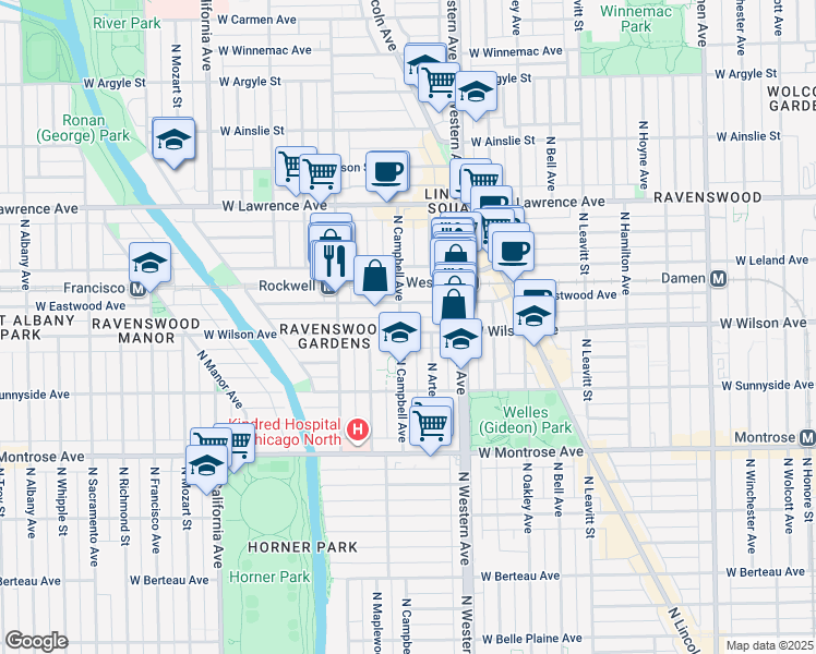 map of restaurants, bars, coffee shops, grocery stores, and more near 2454 West Wilson Avenue in Chicago