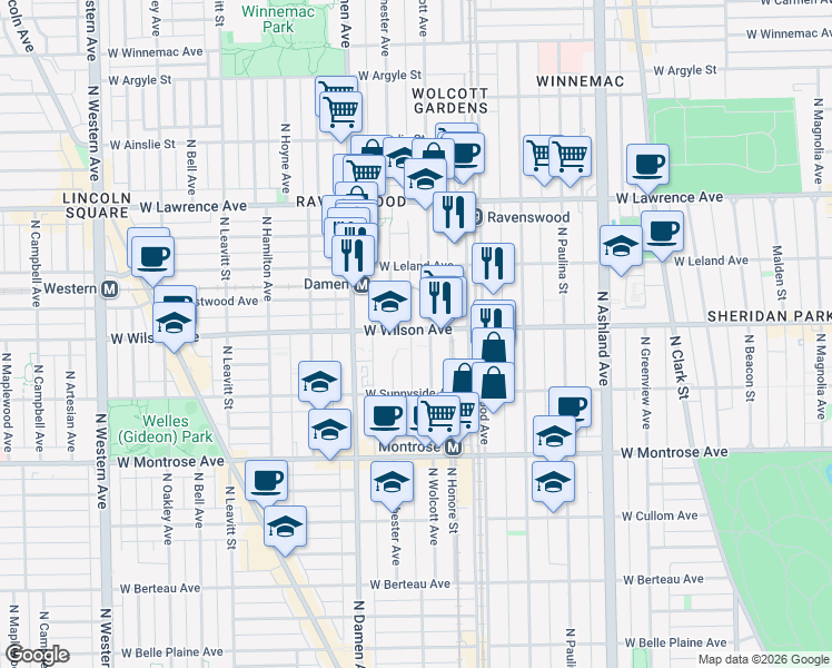 map of restaurants, bars, coffee shops, grocery stores, and more near 1905 West Wilson Avenue in Chicago