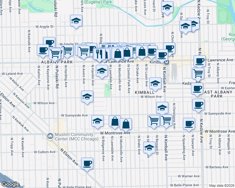 map of restaurants, bars, coffee shops, grocery stores, and more near 4610 North Monticello Avenue in Chicago