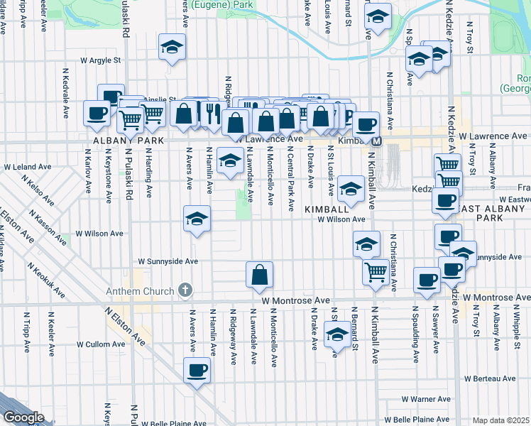 map of restaurants, bars, coffee shops, grocery stores, and more near 4606 North Monticello Avenue in Chicago